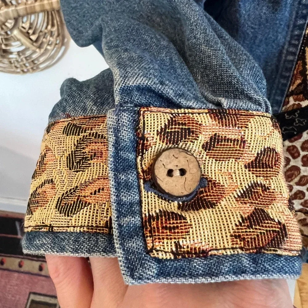 Vintage TanTrums Blue Cotton Denim Patchwork Animal Print Safari Jacket Medium